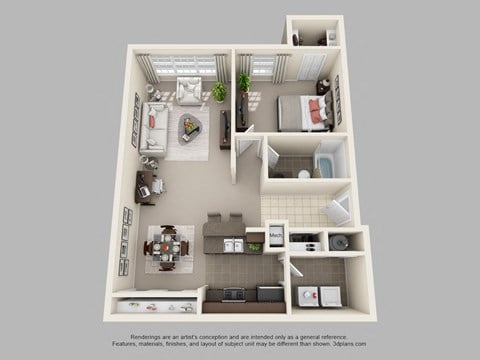 Floor plan for 1 bed, 1 bath, 675 sqft